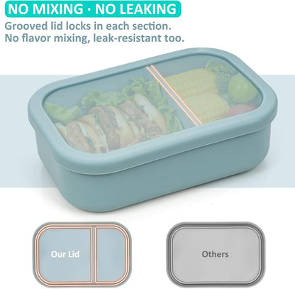 Silicone Bento Box Adult Lunch Container, 3 Compartment Container, Food Grade Silicone Bento Lunch Box for Work Travel Meal Prep, Leak-proof Food Storage Container（1 Pack Nile Blue）