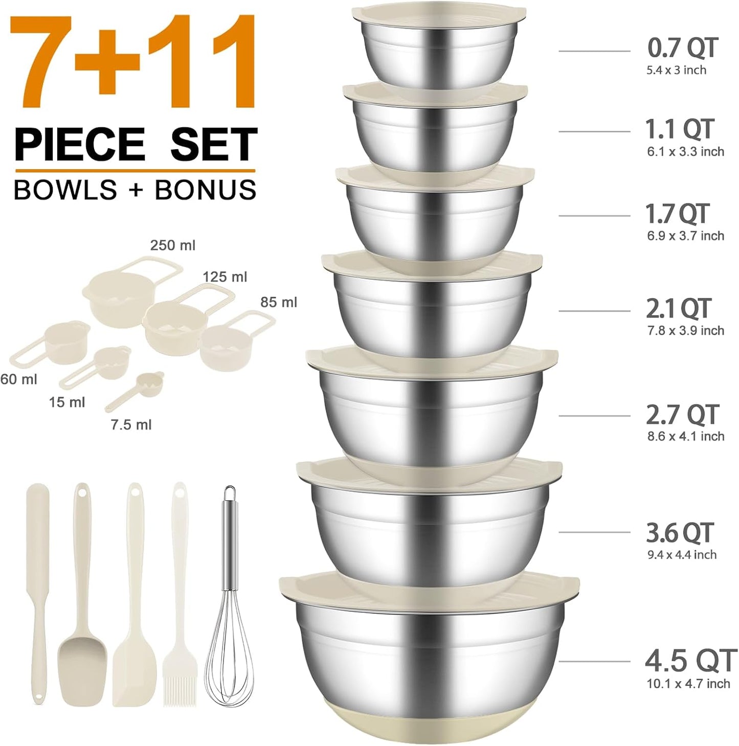 CHAREADA Mixing Bowls with Airtight Lids, 18pcs Stainless Steel Nesting Mixing Bowls Set Non-slip Silicone Bottom, Size 4.5, 3.6, 2.7, 2.1, 1.7, 1.1, 0.7 qt, Fit for Mixing & Serving(Colorful)
