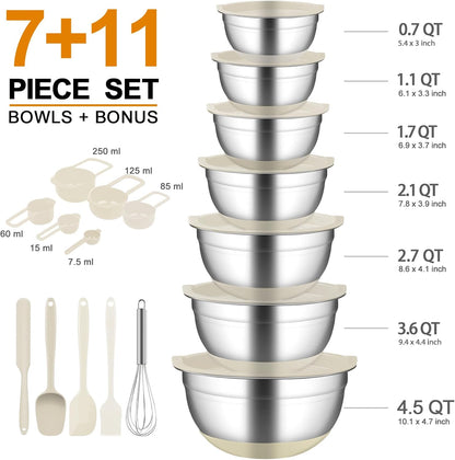 CHAREADA Mixing Bowls with Airtight Lids, 18pcs Stainless Steel Nesting Mixing Bowls Set Non-slip Silicone Bottom, Size 4.5, 3.6, 2.7, 2.1, 1.7, 1.1, 0.7 qt, Fit for Mixing & Serving(Colorful)