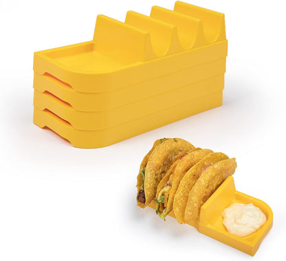Taco Bar Serving Set for a Party - Taco Tuesday Kit of 4 personal Taco Holders, Taco Night for Burritos, Nachos, 7 compartments for Taco Toppings