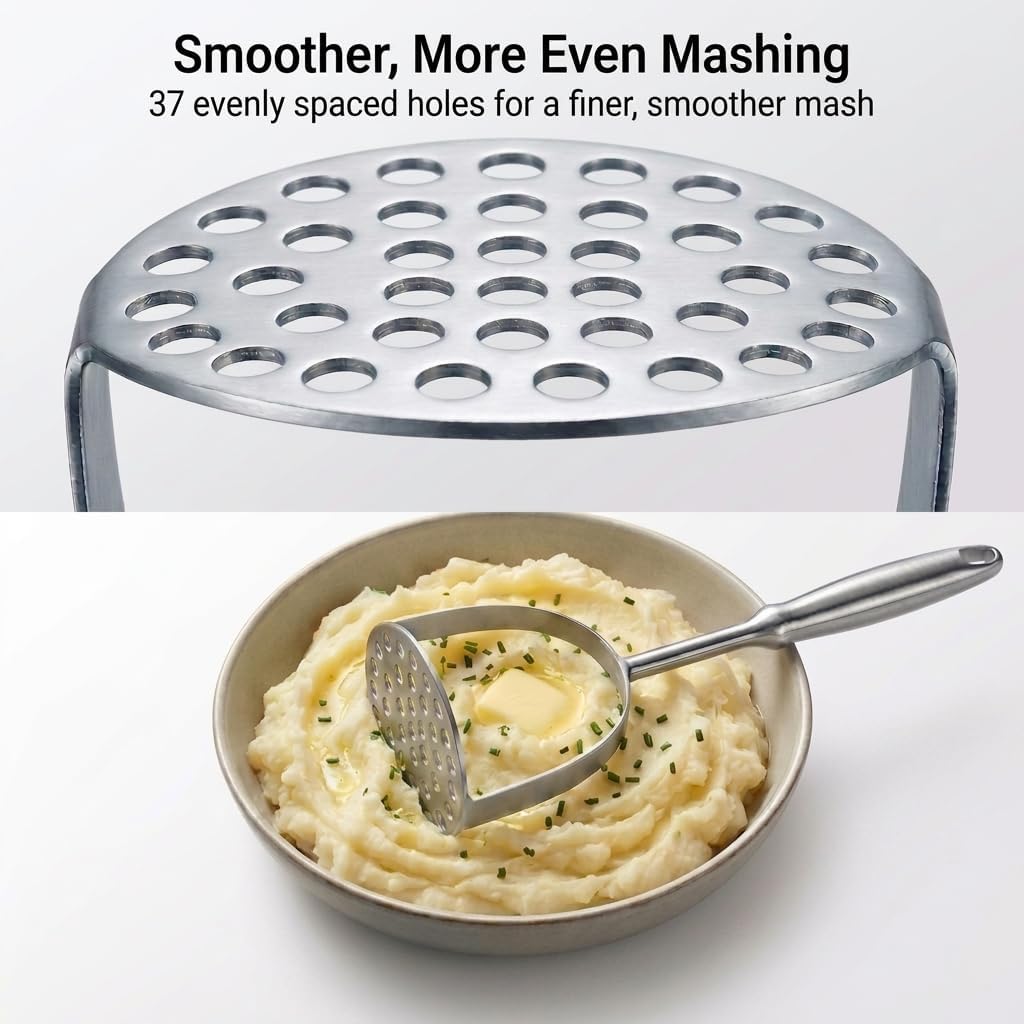 Potato Masher, Heavy Duty 304 Stainless Steel Potato Masher, One-Piece 37-Hole Plate for Smooth Mashing, Dishwasher Safe, Silicone Spatula Included