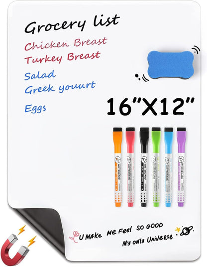 MaxGear Small Magnetic Dry Erase Board Sheet for Refrigerator, Fridge Whiteboard for Kitchen, 12"x8" White Board Organizer and Planner with Stain Resistant Technology, Include 1 Eraser, 3 Markers