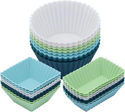 24Pack Silicone Muffin Cups, Reusable Cupcake Liners Molds for Baking, 3 Shapes Lunch Box Bento Dividers-Round, Square, and Rectangular (Orange Series, Regular Size)