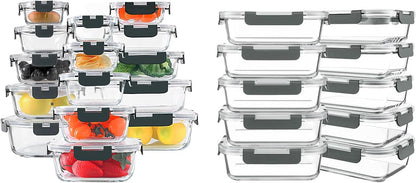 KOMUEE 30 Pieces Glass Food Storage Containers Set and 10 Packs 30 oz Glass Meal Prep Containers with Lids, Airtight and BPA-Free