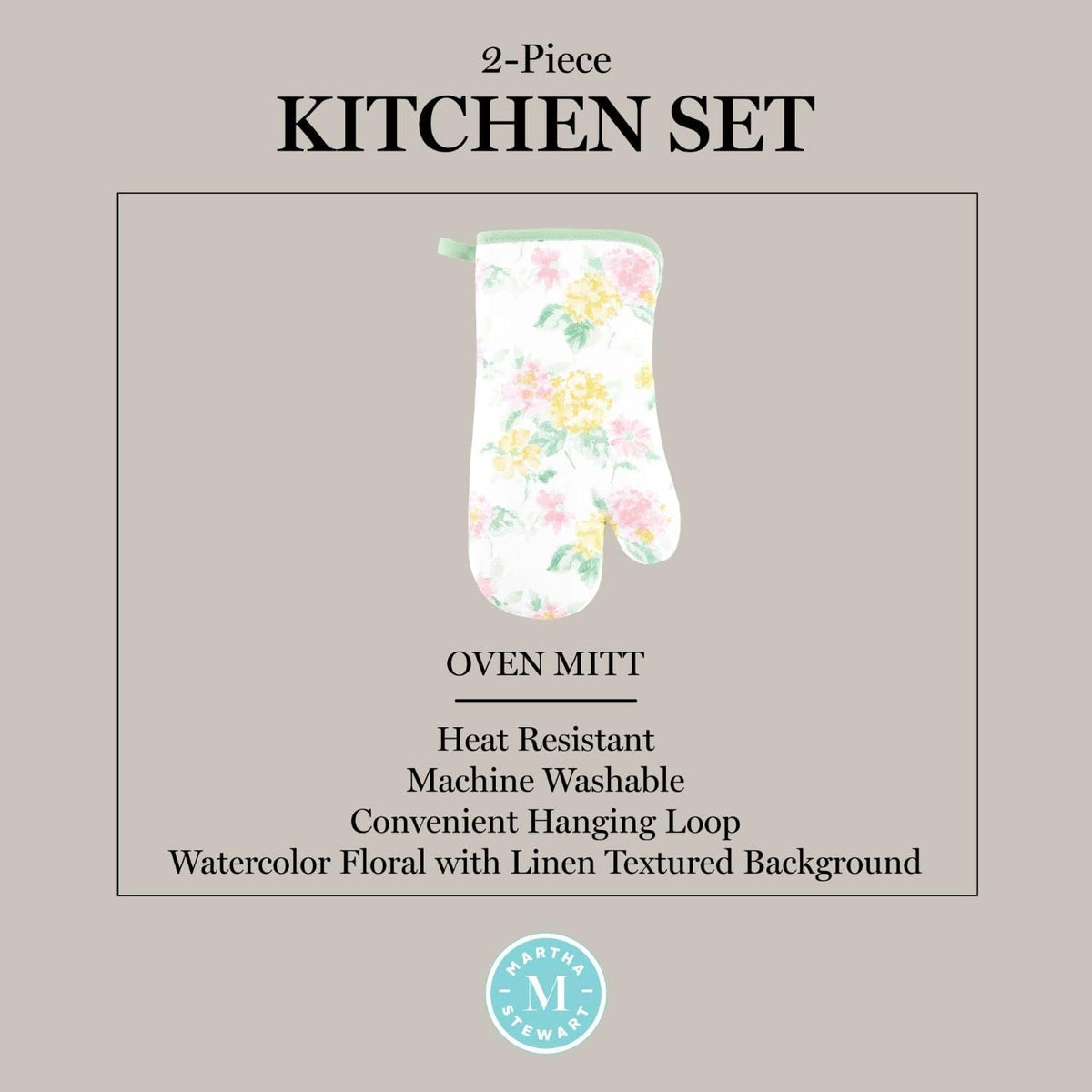 Martha Stewart Amber Floral Oven Mitt & Pot Holder Set 2-Pack, Blue/Green, OM: 7"x13" & PH: 7"x10"