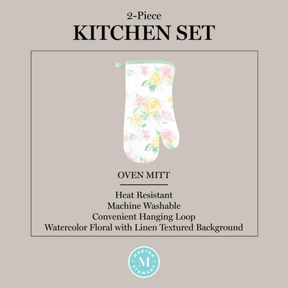 Martha Stewart Amber Floral Oven Mitt & Pot Holder Set 2-Pack, Blue/Green, OM: 7"x13" & PH: 7"x10"