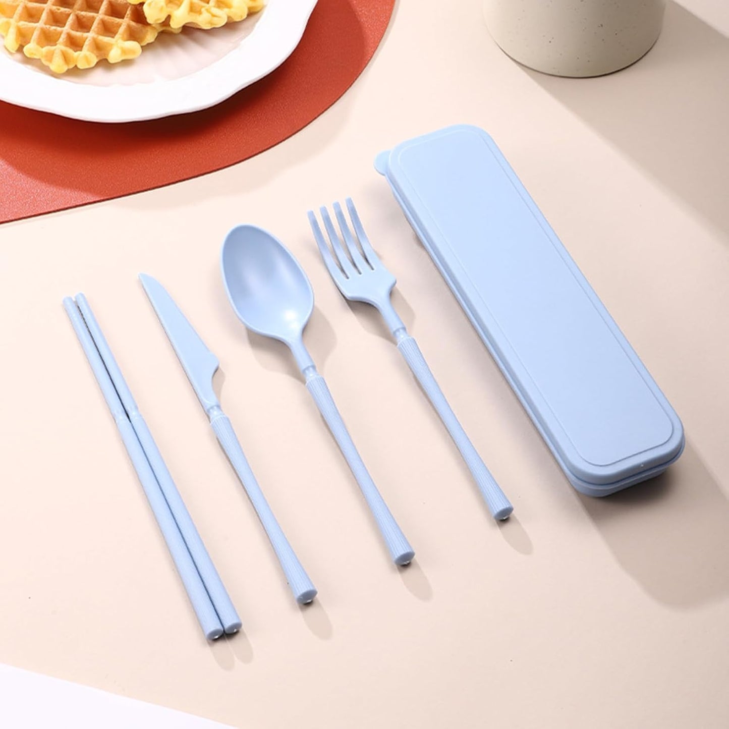 Reusable Travel Utensils Set with Case, Wheat Straw Portable Plastic Fork Spoon Knife Chopsticks Camping Cutlery, Eco-Friendly BPA Free Tableware Picnic Flatware for Kids Adults or Daily Use (Pink)