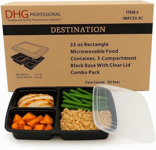 3-Compartment Food Containers with Clear Lids - Rectangular, 1.5“ depth, Black Microwavable Disposable Freezer - Safe BPA-Free Plastic Meal Storage, Combo Pack of 50 Sets - 33oz