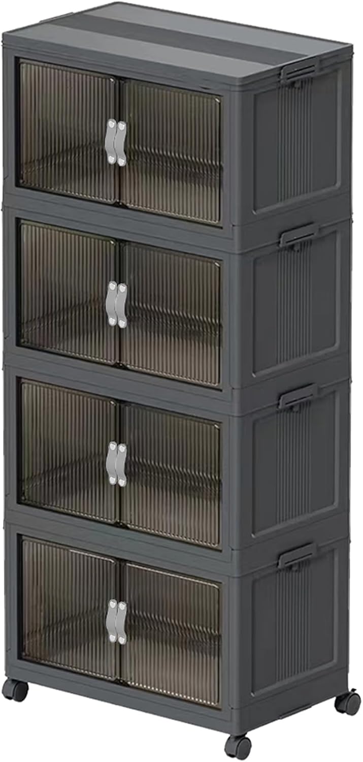 51QT Stackable Storage Bins with Lids & Wheels - Foldable Cabinet Clear Door Plastic Organizer Containers for Home, Garage, Pantry Organization - Collapsible Design Gray 5T