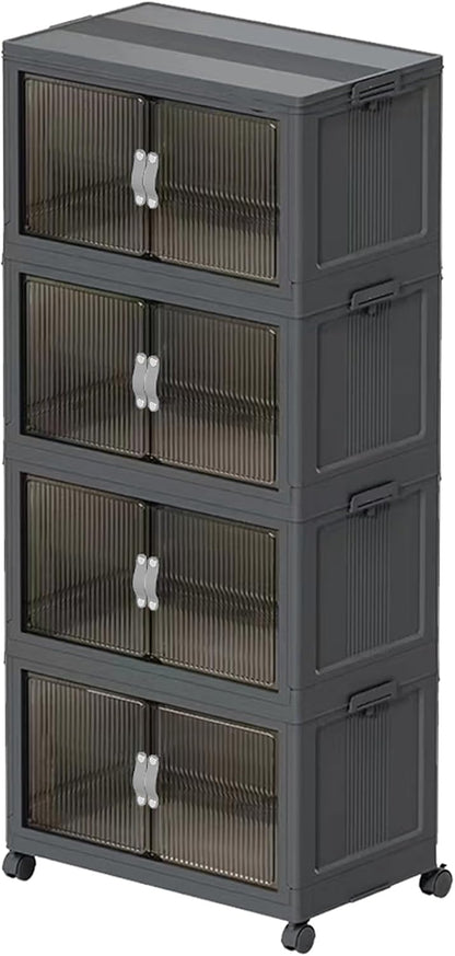 51QT Stackable Storage Bins with Lids & Wheels - Foldable Cabinet Clear Door Plastic Organizer Containers for Home, Garage, Pantry Organization - Collapsible Design Gray 5T