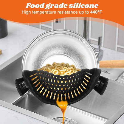 Clip on Silicone Strainer with Scraper, Adjustable Pasta Colander