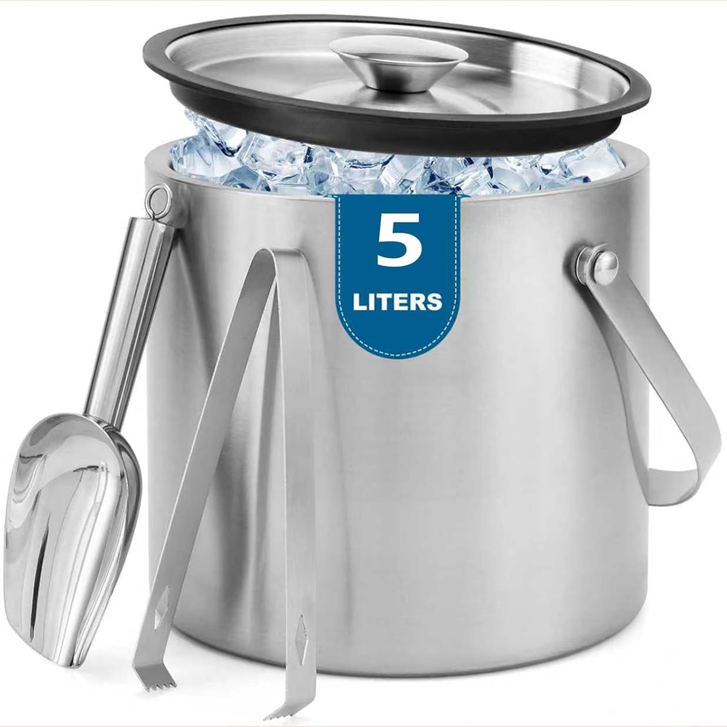 Ice Bucket, 4L Double Wall Insulated Ice Bucket with Lid,Scoop,Tongs- Inner Layer 304 Stainless Steel Ice Container Keep Ice Frozen Longer- Ideal for Cocktail Bar,Parties (4L)