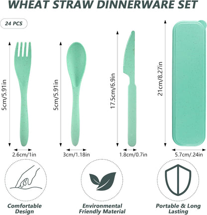 24 Sets Reusable Travel Utensils Set with Case, Wheat Straw Portable Knife Fork Spoons Cutlery, Eco-Friendly BPA Free Plastic Tableware for Kids Adults Travel Picnic Camping Utensils (8 Colors)
