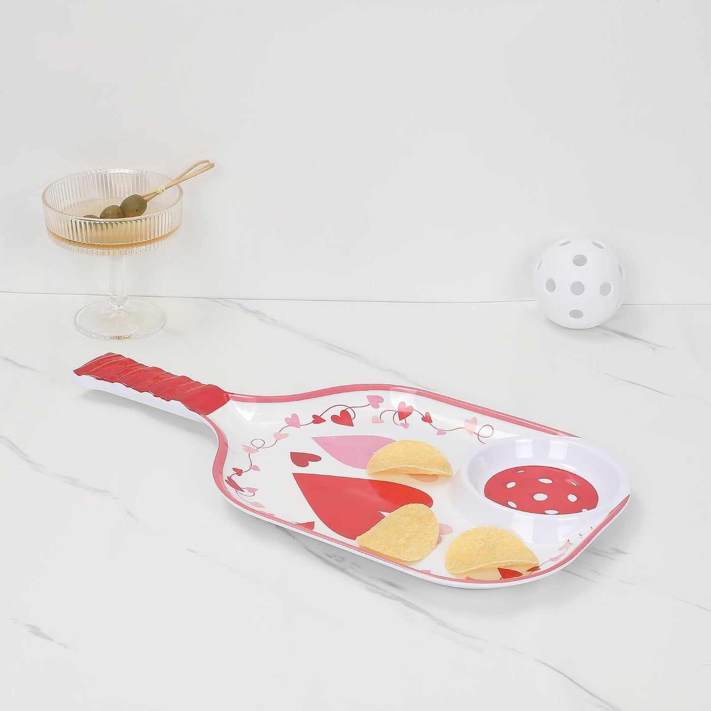 UPware Watermelon Melamine Chip and Dip Snack Tray, Summer Fruit Pickleball Paddle Shape Platter for Chips, Salsa, Fruits, and Appetizers, 15.75 x 8 Inch