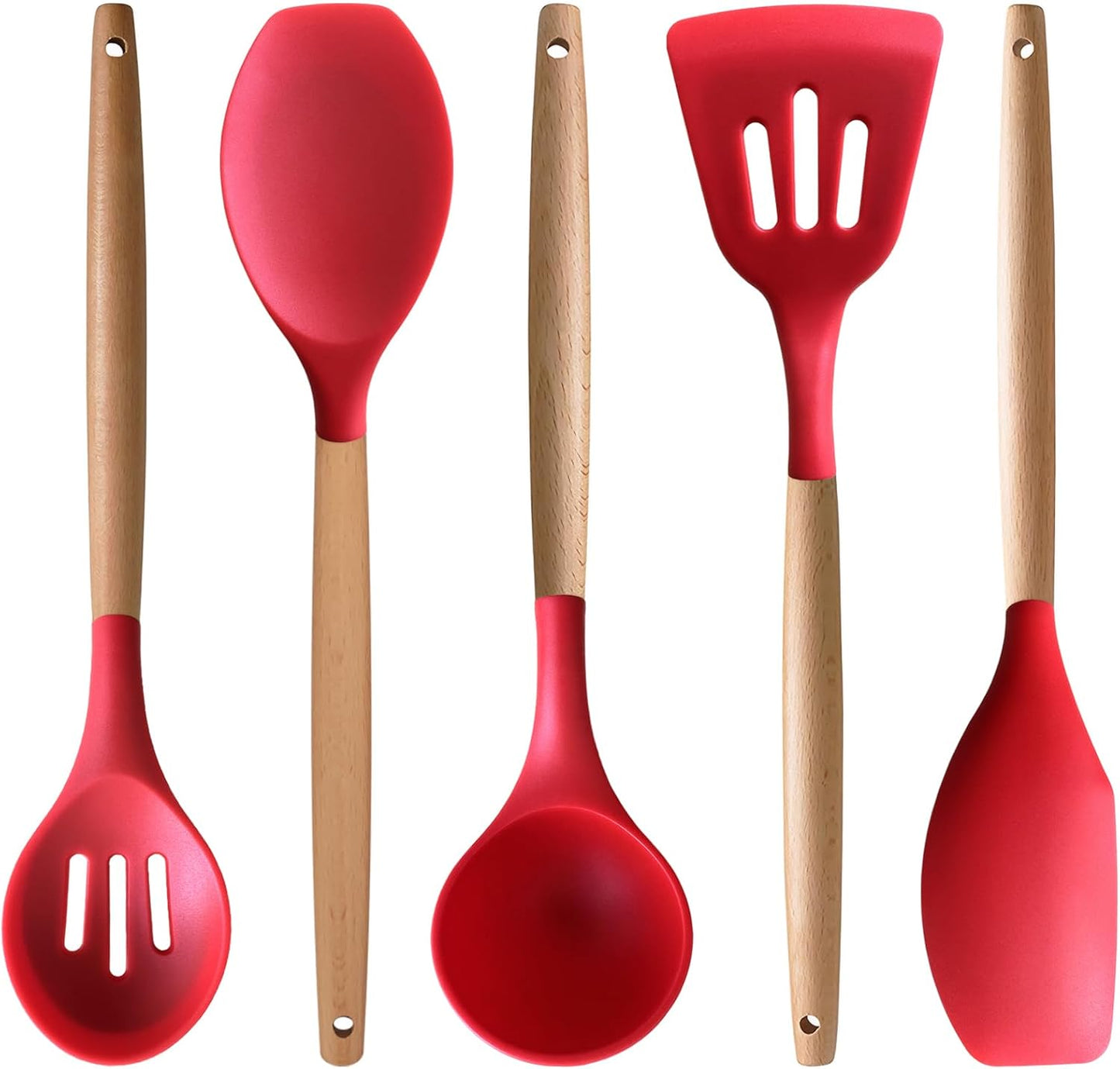 Kitchen Cooking Utensils Set, 6Pcs Silicone Kitchen Utensils Set Spatula Spoon Soup Ladle Turner, Heat Resistant Wooden Handle Silicone Cooking Gadgets for Nonstick Cookware & Baking BPA FREE