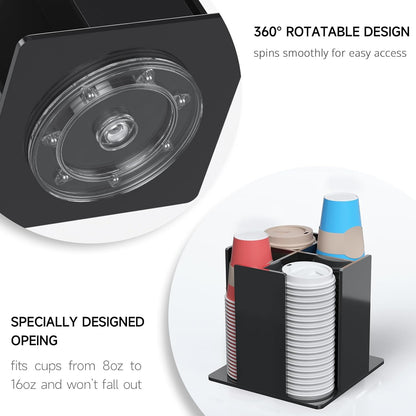 KOTEMON Cup and Lid Holder, 4 Compartment, Square | Rotating Coffee Cup Dispenser Lid Carousel for Restaurant, Buffet, Coffee Station, Bar, Countertop, Clear Acrylic