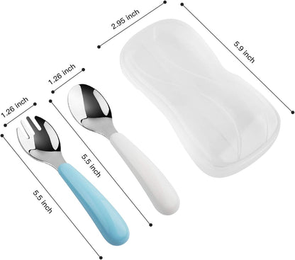 Kirecoo 2 Set Toddler Utensils, Toddler Forks and Spoons, Stainless Steel kids Silverware Set, Designed for Self Feeding Flatware Utensils with Travel Carrying Cases BPA Free (White & Aqua)