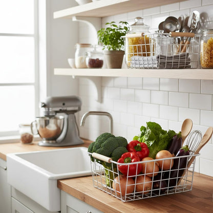 4 Pack White Metal Wire Food Storage Basket Organizer with Wooden Handles for Organizing Kitchen Cabinets Large