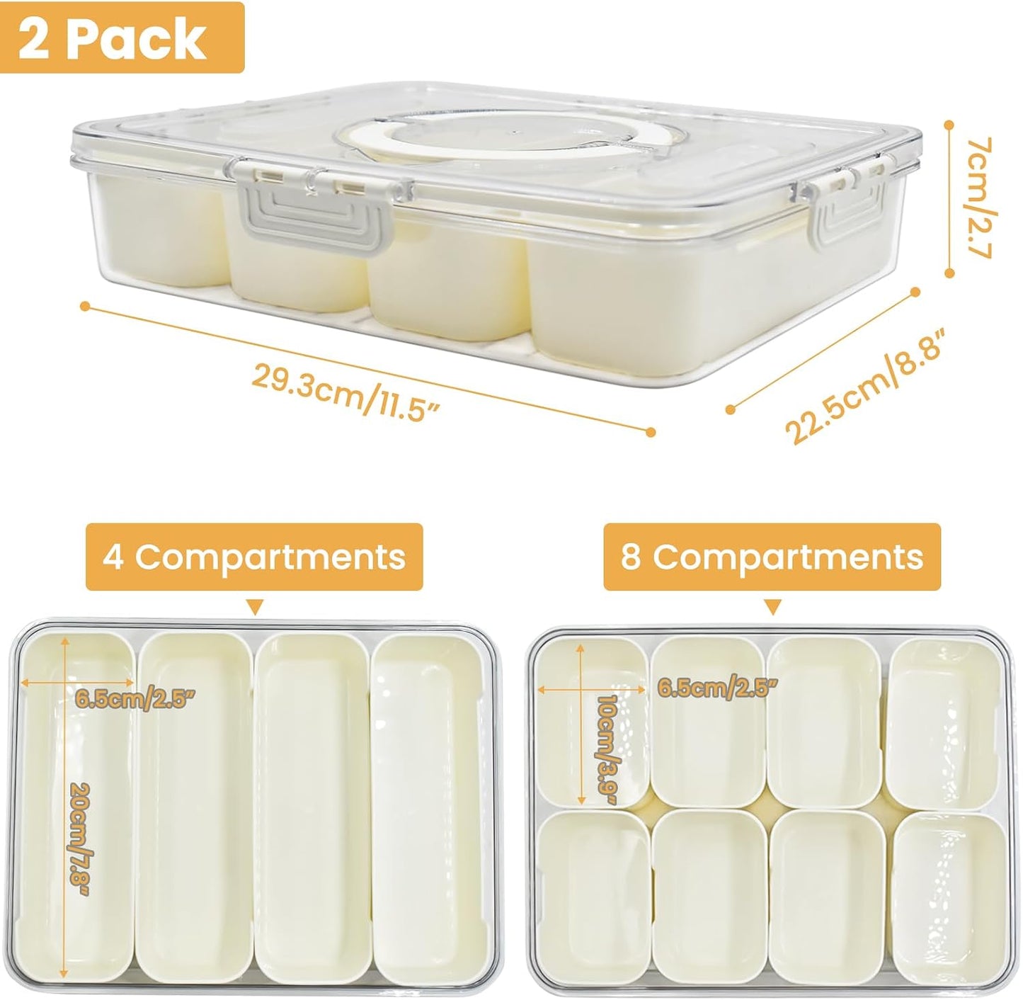 2 Pack Divided Serving Tray with lid and Handle, 8 & 4 Compartments Snackle Box with Utensils, Fridge Food Veggie Condiment Storage, Kitchen Clear Food Container for Picnic, Camping, School