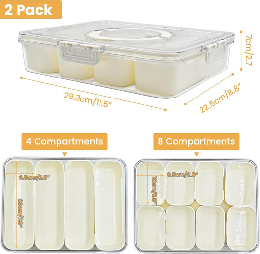 2 Pack Divided Serving Tray with lid and Handle, 8 & 4 Compartments Snackle Box with Utensils, Fridge Food Veggie Condiment Storage, Kitchen Clear Food Container for Picnic, Camping, School