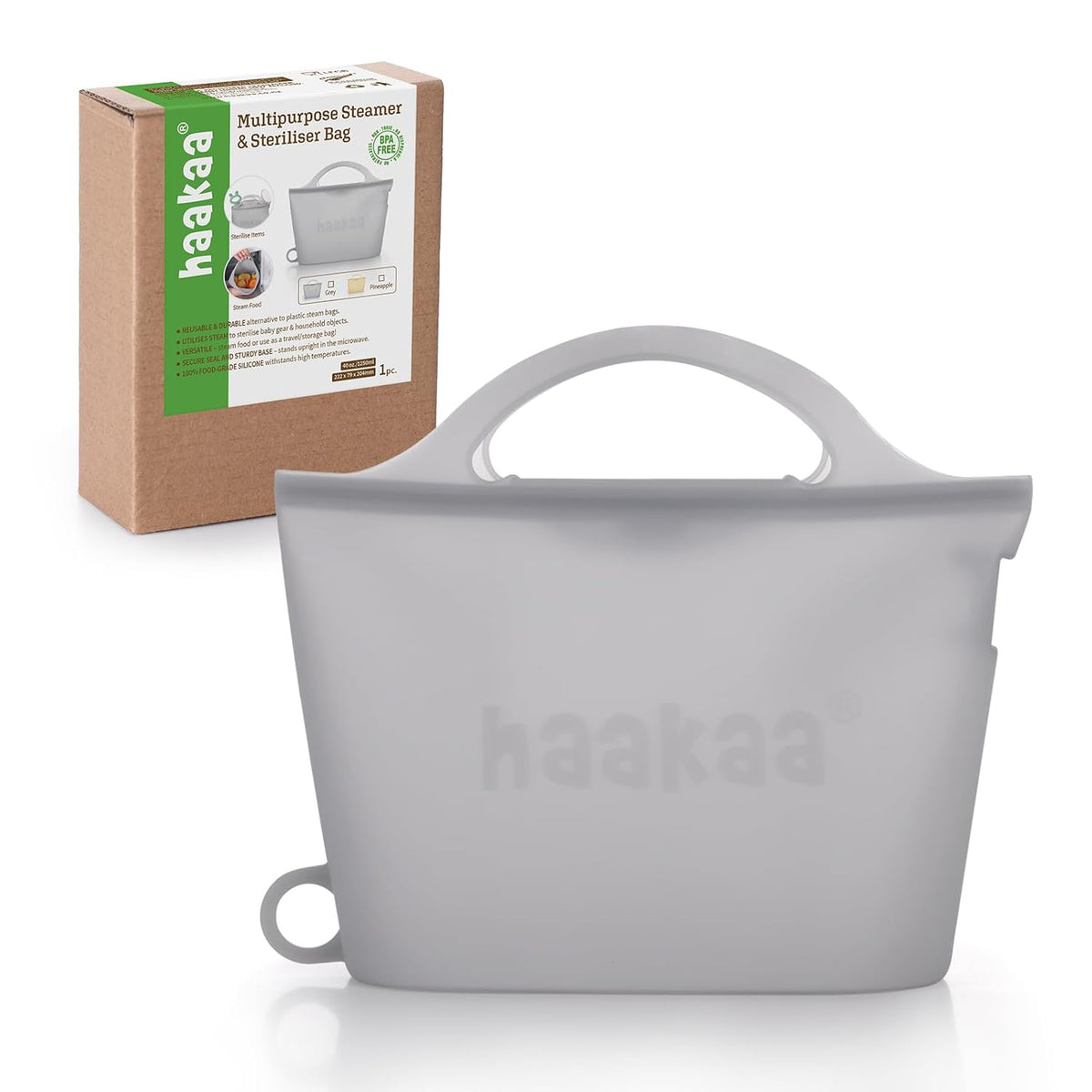 Haakaa Silicone Microwave Steamer & Steriliser Bag, 70oz/2000ml Large Capacity Reusable Steaming Bags for Baby Bottles, Breast Pump, Accessories, Pacifiers,Teethers, Great for Home&On The Go, Grey/1PC
