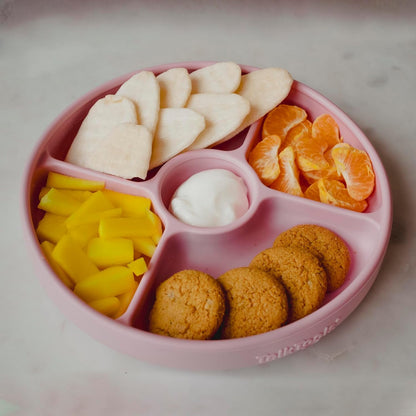 TalkTools Bitsy Silicone Baby Suction Plate with Locking Lid – Divided Plate for Toddlers Learning to Self-Feed – Non-Slip, BPA-Free, Microwave + Dishwasher Safe Baby Mealtime Plate(Pink).