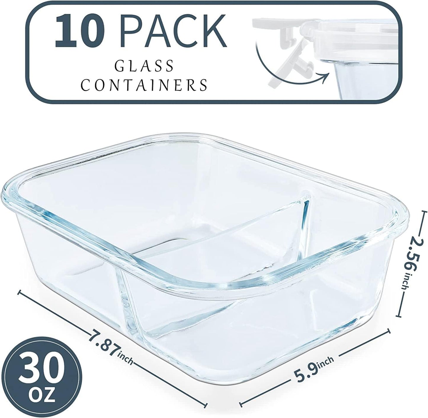 KOMUEE 10 Packs 30oz Glass Meal Prep Containers 2 Compartments,Glass Food Storage Containers with Lids,Airtight Lunch Bento Boxes,Microwave,Oven,Freezer and Dishwasher Safe