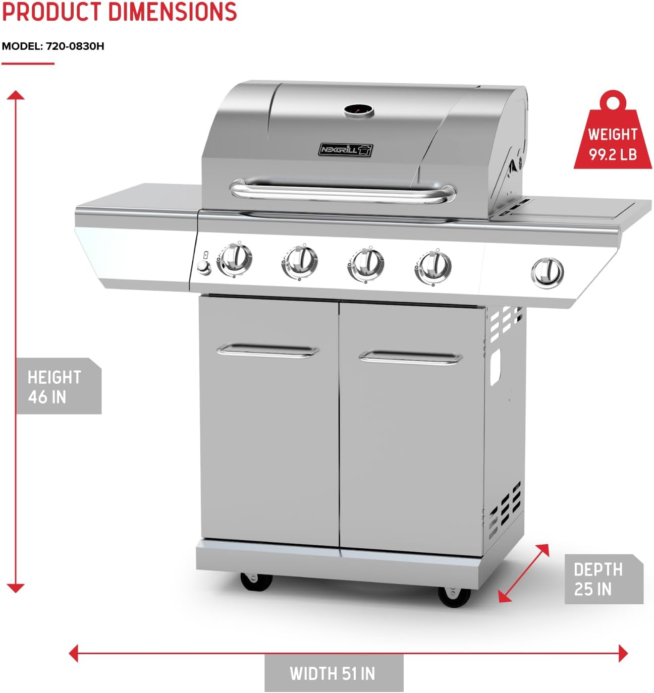 Nexgrill Stainless Steel 3-Burner Propane Gas Grill w/Foldable Side Shelves, 40,500BTUS, 591.05 sq. in. Cooking Area, Perfect for Outdoor Cooking & Grilling, BBQs, Backyard, Tailgating, 720-0830MN