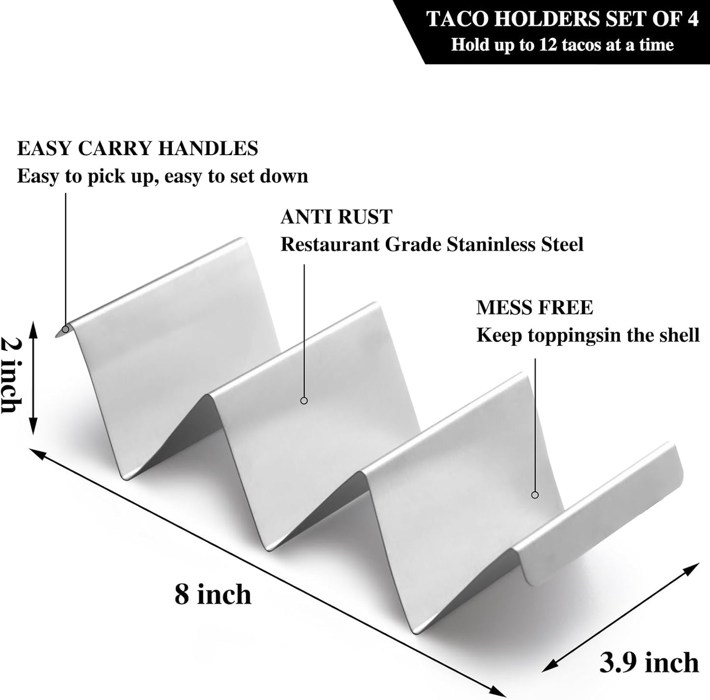 Stainless Steel Taco Holders Set of 2, Taco Stand Rack with Handles, Oven & Dishwasher Safe for Taco Tuesday, Parties & Everyday Use