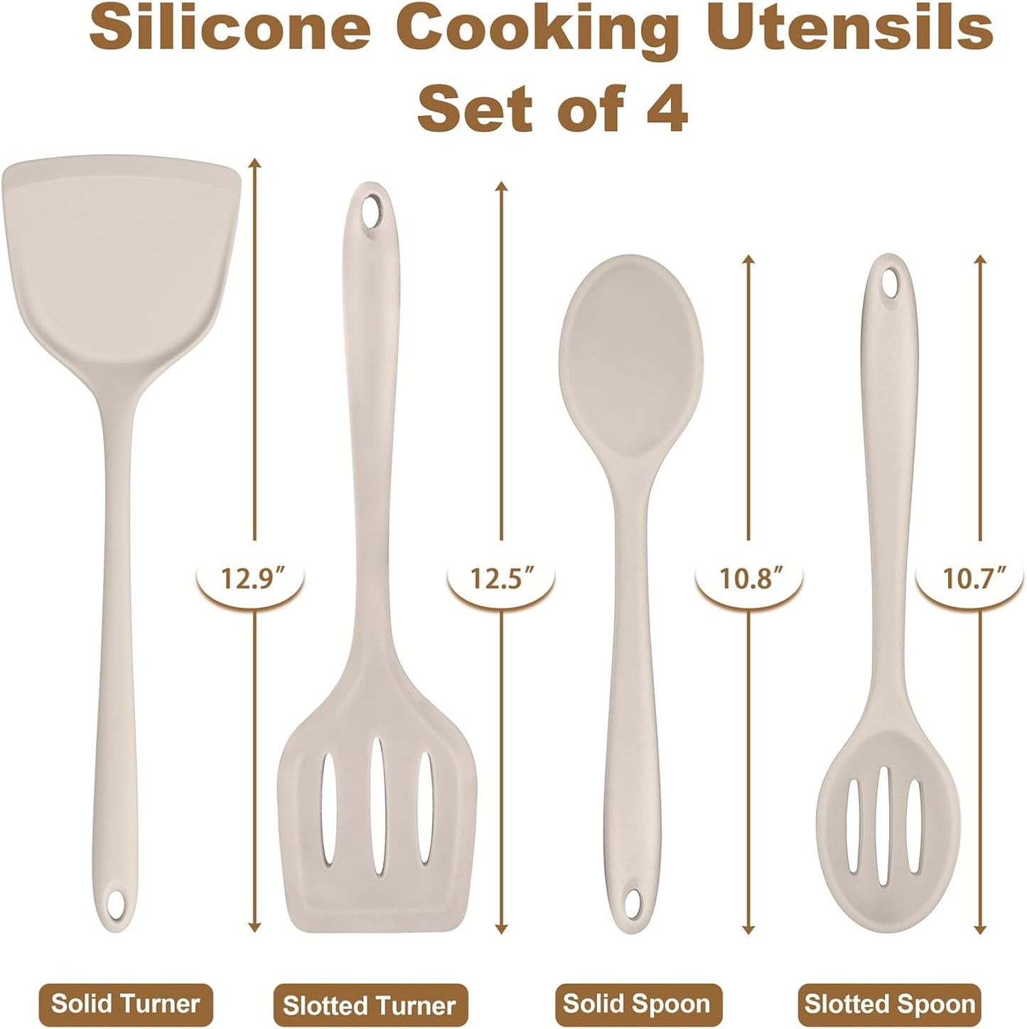 TeamFar Silicone Cooking Utensils, 4pcs Kitchen Utensils Set with Silicone Spatulas & Spoons, Heat-Resistant Solid & Slotted Cooking Spoons Turners for Non-stick Cookware, Dishwasher Safe, Black