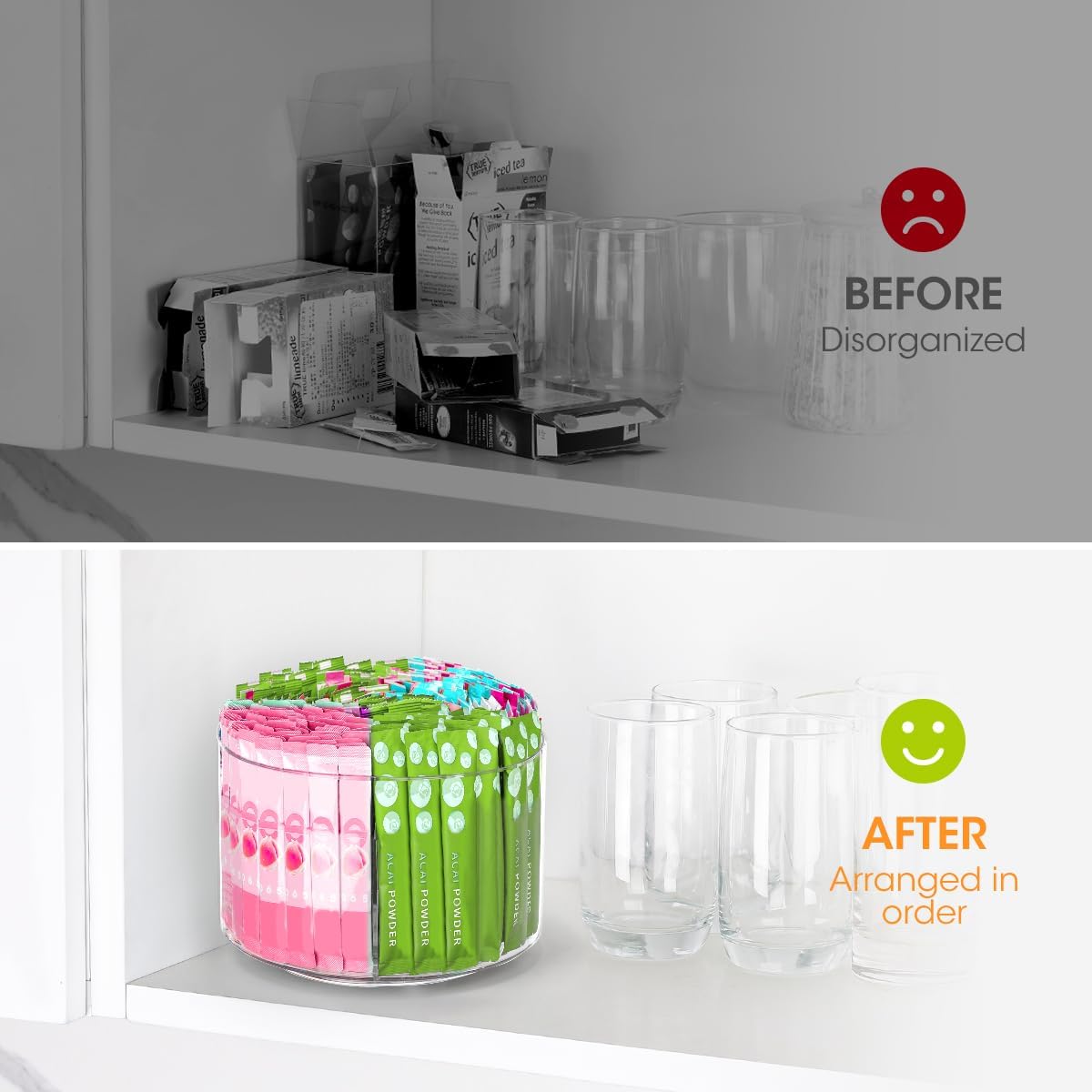 AIEVE Extra Large Drink Packet Organizer, 360° Lazy Susan Rotating Turntable for Larger Powder Drink Mix, Hydration Packets Acrylic Pantry Organizers for Kitchen Storage Organization