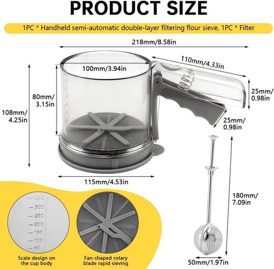 Flour Sifter Set, 2 in 1 Sifter for Baking Straight Handle & Press Double-Layer Fine Mesh Filter, Powdered Sugar Duster Set for Baking Cakes, Pastries, Pies, Cupcakes and Desserts