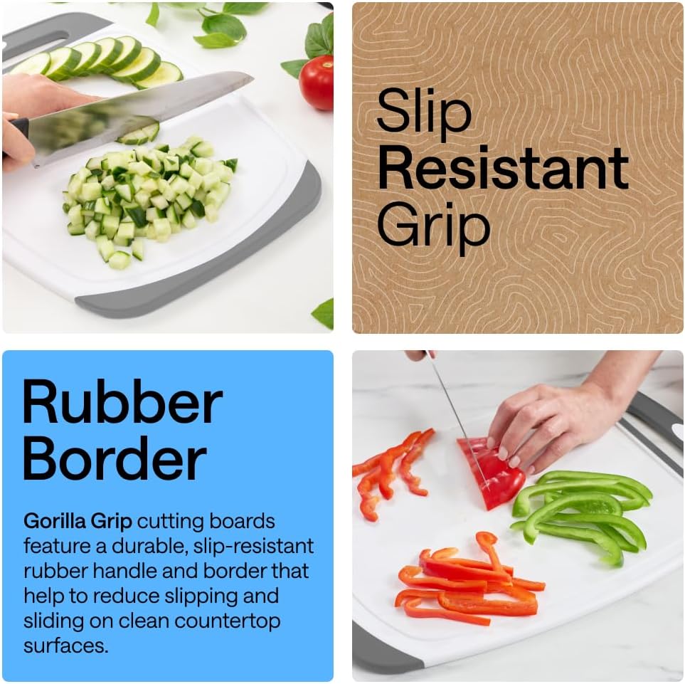 GORILLA GRIP BPA-Free Reversible Kitchen Cutting Board Set of 3, US Designed, Nonporous, Juice Grooves Catch Liquid, Slip Resistant Border, Dishwasher Safe, Durable Large Food Chopping Boards, Black