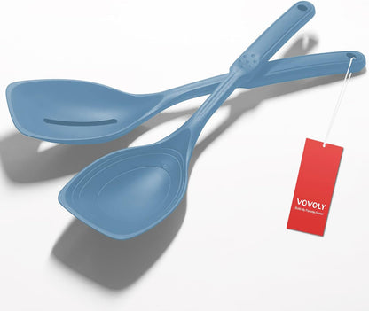 Large Silicone Cooking Spoon, Non-Stick Solid Spoon set with Deep Bolw and Measurement Mark for Mixing, Serving, Draining, Scooping, Scraping, Heat Resistant Kitchen Utensils, Black