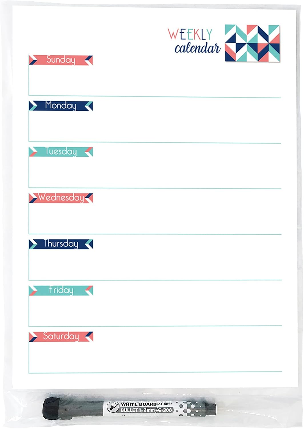 Dry Erase Weekly Calendar Planner Sticker Decal | Removable & Reusable | Magnetic Fine-Tip Marker Included (6 x 9 inches, White)