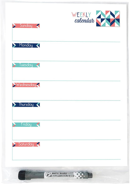 Dry Erase Weekly Calendar Planner Sticker Decal | Removable & Reusable | Magnetic Fine-Tip Marker Included (6 x 9 inches, White)