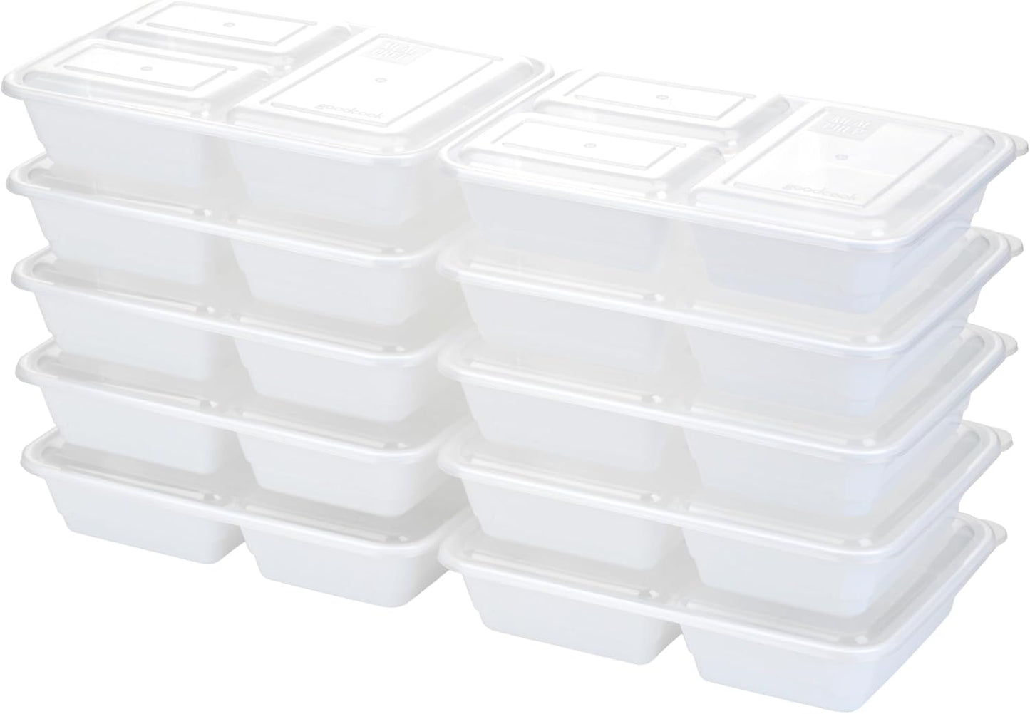GoodCook Food Storage Containers for Meal Prep Rectangle Three Compartments & Made without BPA, 20-Piece, White