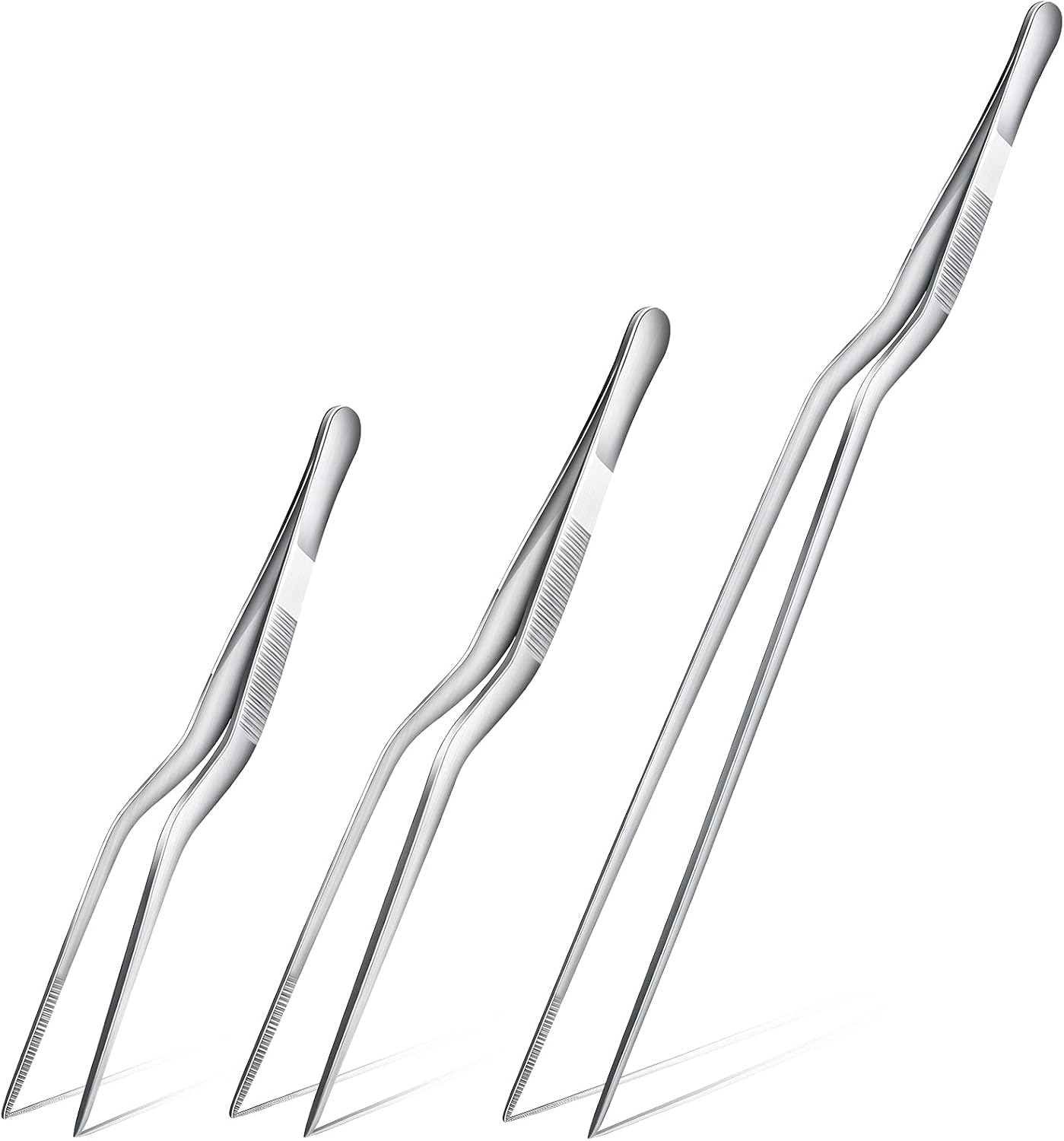 Chumia 3 Pcs Cooking Tweezers Tongs 3 Size Kitchen Stainless Steel Plating Tweezer Set Small Food Handling Tools 6'' 8'' & 12 Inch Flexible Pinching and Non-slip for BBQ Plating Serving