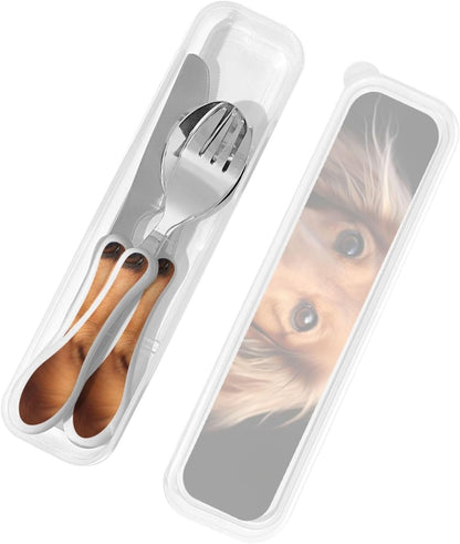 3-Piece Kids Silverware Set With Storage Case, Stainless Steel Reusable Children Safe Knife Spoon Fork Set Long Haired Dachshund Children Flatware Set For Kids Lunch Box