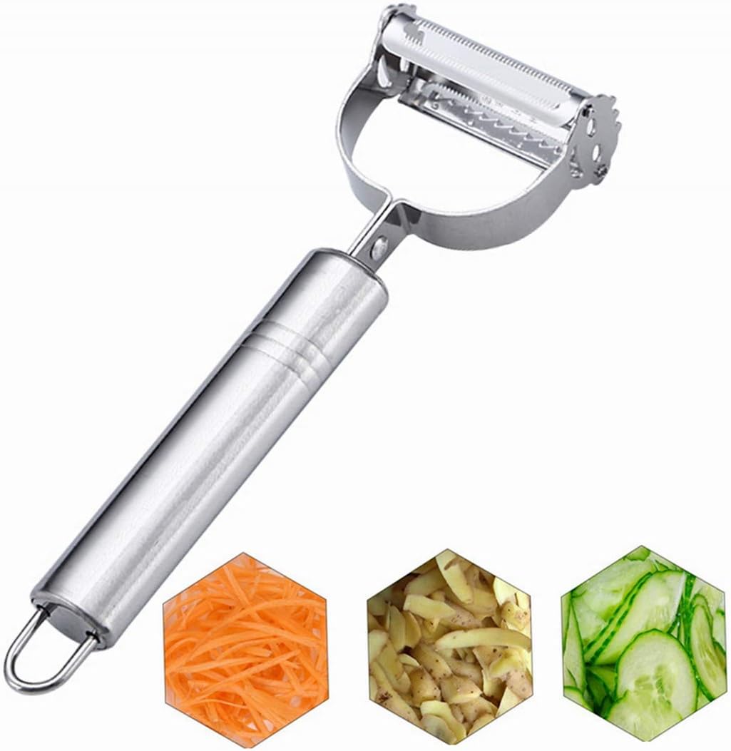 Vegetable Peeler- Fruit Peeler, Potato Peelers for kitchen- Apple Peeler Ultra Sharp, Julienne Slicer+Serrated Peeler 2-Blades Multi-function Carrot Potatoe Cucumber Y Slicer. Gift Box (SILVER)