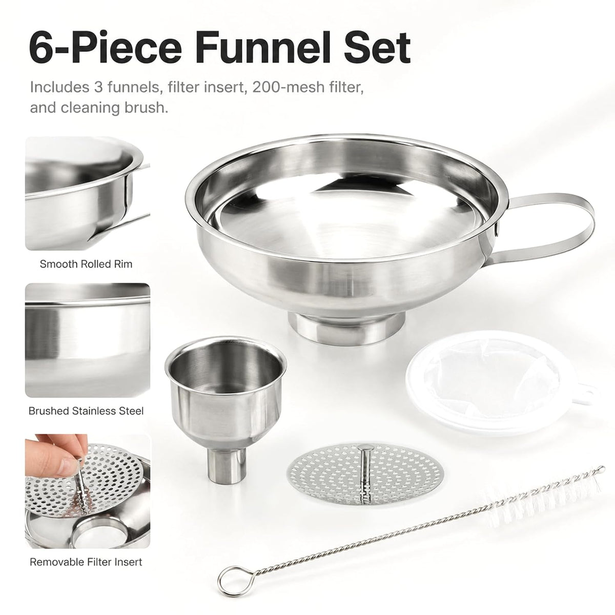 Canning Funnel with Strainer, Wide Mouth Funnel for Mason jar, Stainless Steel Canning Supplies with Cleaning Brush for Kitchen Use, 3 Pack (Small and Large)