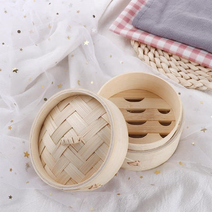 Natural Bamboo Steamer Basket, Traditional Chinese Food Steamer Basket with Lid for Kitchen Cooking Dumplings Vegetables Meat Fish Rice(3.93 * 1.18inch)