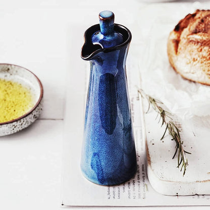 Small Ceramic Olive Oil Dispenser Bottle for Storage Of Oil, Vinegar, Soy Sauce, 120ml / 4oz - Blue