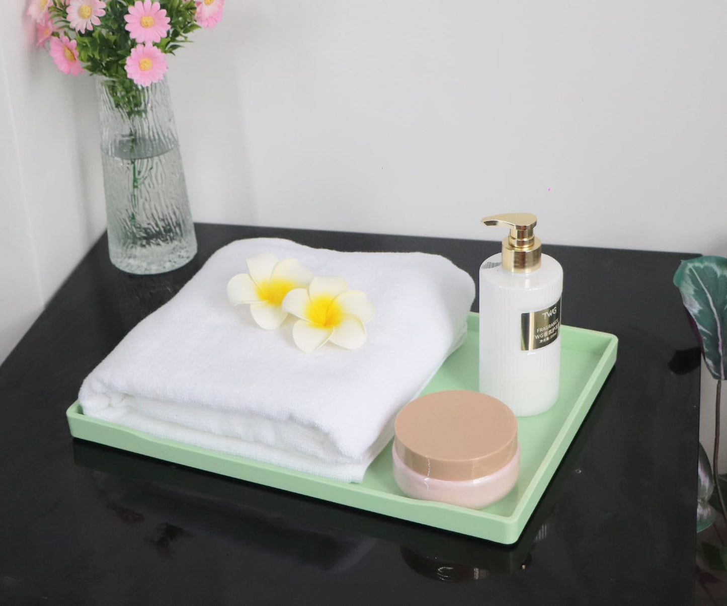 White Serving Tray (13.5 x 9.6 inch) for Serving Accessory, Elegant & Stackable Plastic Tray for Spa, Coffee, Drinks, Tea, Bar, Party, Seasoning, Perfume and Display Use.