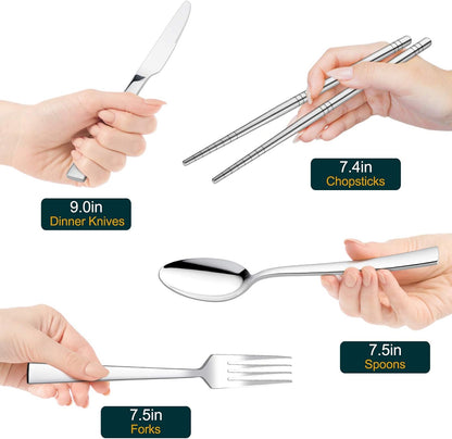 HaWare Portable Travel Utensils with Case, Stainless Steel Silverware Set for Camping Office School Lunch, Including Knife Fork Spoon Chopsticks, Reusable and Dishwasher Safe(Green)
