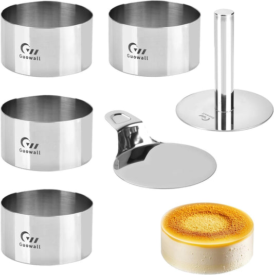 4 pack Seamless Mousse Cake Ring set Stainless Steel 4 inch Round Food Hamburger Mold Dessert Cutter for Baking (Includes 1 Lifter, 1 Pusher and 4 Rings)