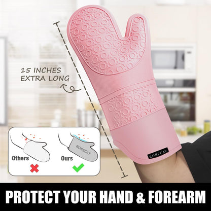 RORECAY Silicone Oven Mitts and Pot Holders Sets, Gloves for Kitchen, Beige