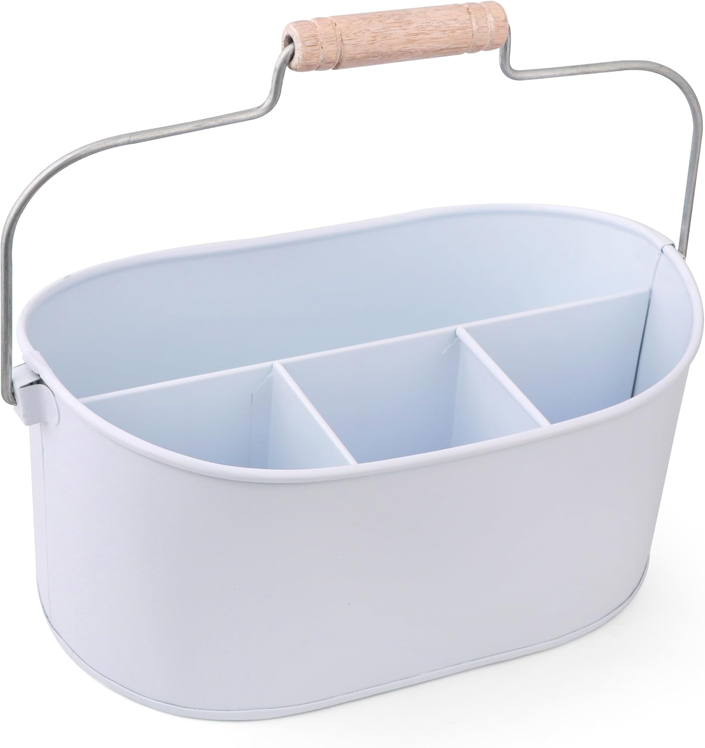 Alpha Living Home Galvanized Metal Utensil Caddy - Rustic Farmhouse Organizer Metal Garden Caddy with 4 Compartments and Wooden Handle for Kitchen, Buffet & Outdoor Events (Silver)