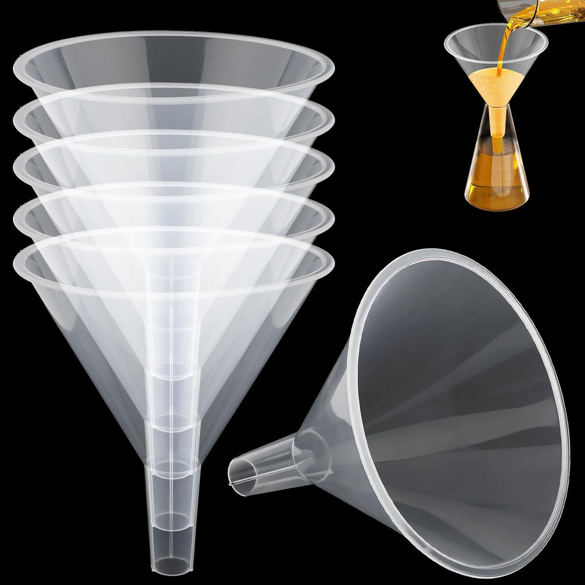 6 Inch Wide Mouth Plastic Large Funnels,Multi-Purpose Clear Funnels with with Reaching Spout for Water Bottles,Oils,Kitchen, Easy and Smooth Content Transfer