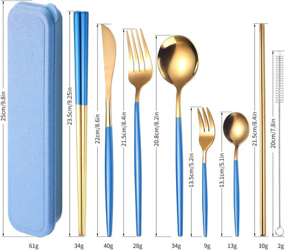 AARAINBOW 8 Pieces Stainless Steel Flatware Set Portable Reusable Cutlery Set Travel Utensils Set Including Chopsticks Knife Fork Spoon Straws Cleaning Brush Dishwasher Safe (Pink Golden)